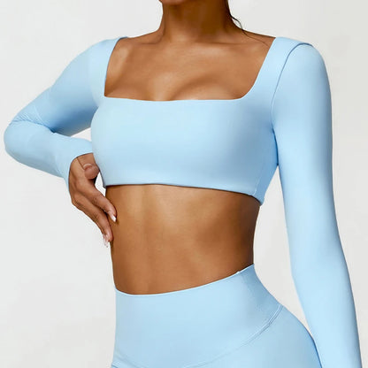Hearuisavy Casual Quick Dry Sportswear Women Square Neck Gym Top Women Fitness Sports Crop Top Female Long Sleeve Yoga Clothing