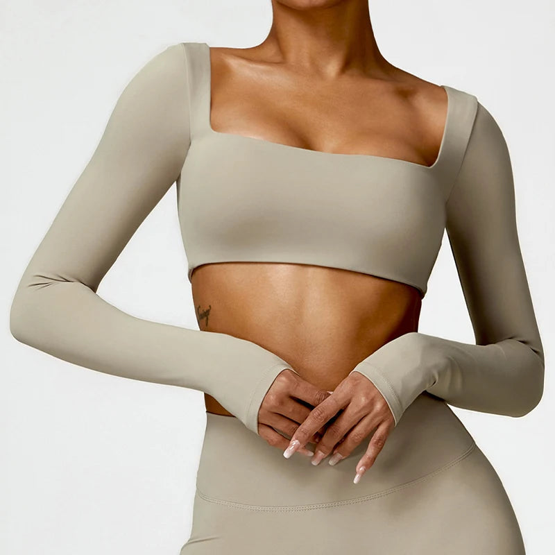 Hearuisavy Casual Quick Dry Sportswear Women Square Neck Gym Top Women Fitness Sports Crop Top Female Long Sleeve Yoga Clothing