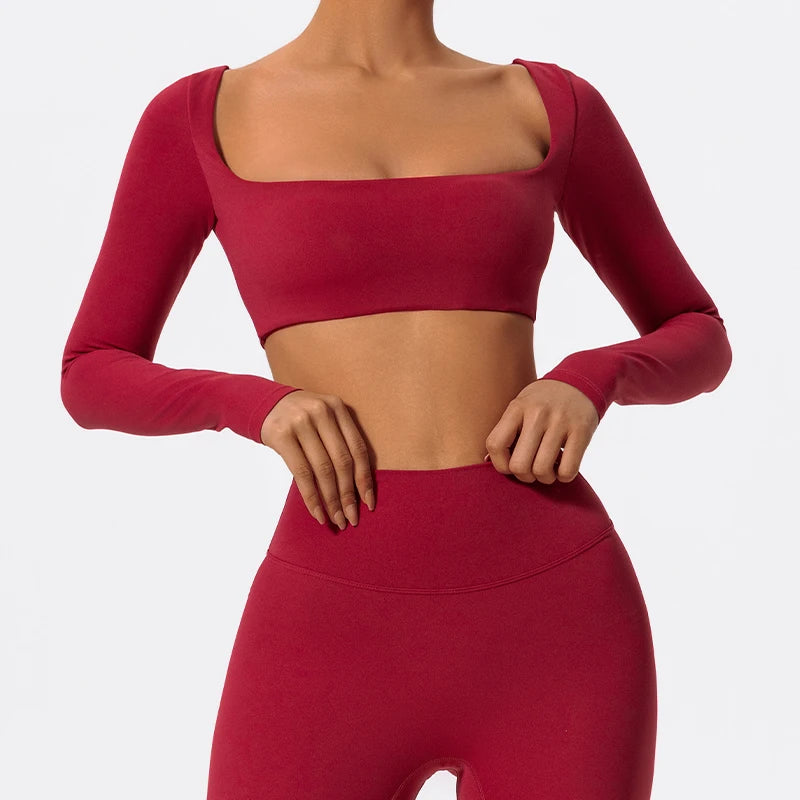 Hearuisavy Casual Quick Dry Sportswear Women Square Neck Gym Top Women Fitness Sports Crop Top Female Long Sleeve Yoga Clothing
